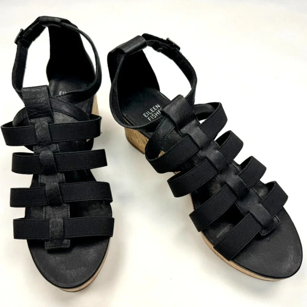 Eileen Fisher Leather Gladiator Wedge Sandals Women 9 NWOB Fisherman Platform‎